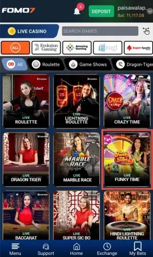 how to play Funky Time on FOMO7 India live casino lobby screen with game tiles and Crazy Time card