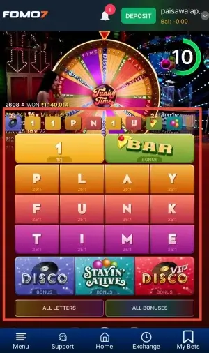 how to play Funky Time on FOMO7 India wheel and letter betting grid with bonus buttons at bottom