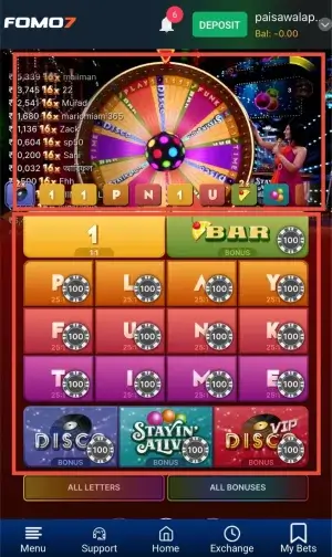 how to play Funky Time on FOMO7 India showing wheel, host, and letter tiles with 100 chips placed
