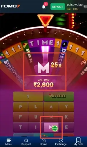 how to play Funky Time on FOMO7 India win popup showing 25x multiplier and ₹2,600 payout