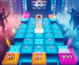 how to play Funky Time Disco bonus blue dancefloor grid with numbers and X tiles, FOMO7 India