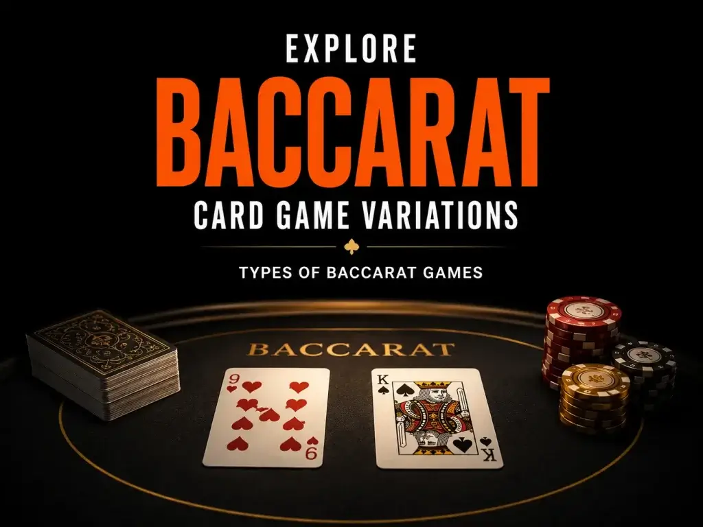 Baccarat card game variations graphic on FOMO7 India with a deck, a 9 of hearts, a King of spades, and casino chips.