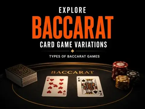 Baccarat card game variations graphic on FOMO7 India with a deck, a 9 of hearts, a King of spades, and casino chips.