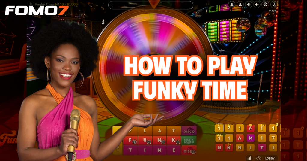 A host standing beside the colorful Funky Time wheel, mid-spin, with bright studio lights