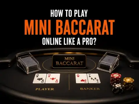 How to play mini baccarat guide on FOMO7 India showing player and banker cards, card shoes, and stacks of chips.