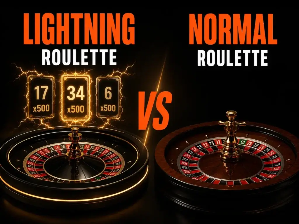 Lightning roulette vs normal roulette comparison on FOMO7 India featuring lucky numbers with x500 multipliers and wheels.