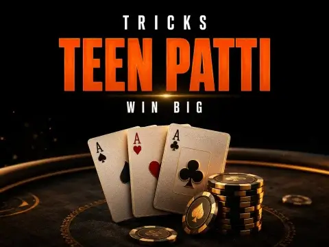 Teen patti tricks banner for FOMO7 India featuring three aces playing cards and stacked gold and black casino chips.