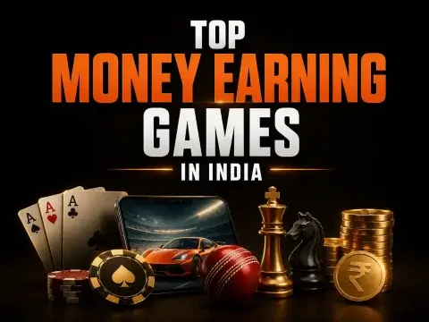 Top money earning games in india graphic on FOMO7 India featuring aces, a sports car, a cricket ball, chess piece and coins.