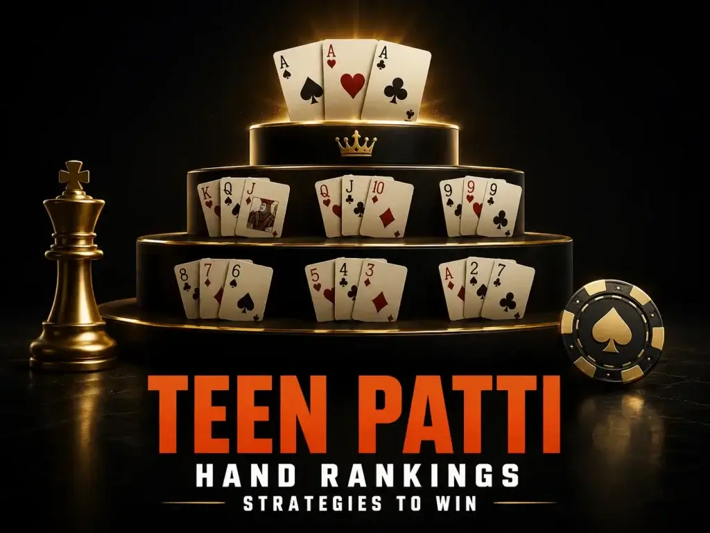 Teen Patti hierarchy rankings on FOMO7 India displaying a card tier pyramid, three aces on top, a gold king, and a poker chip.