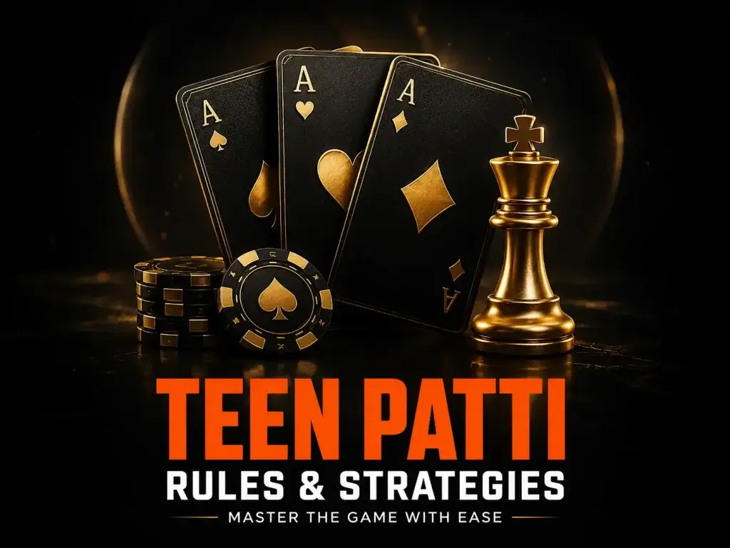 Teen Patti rules guide banner on FOMO7 India featuring three black aces playing cards, a gold chess king, and casino chips.