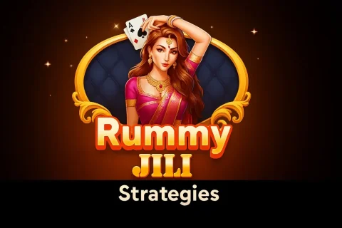 Stylized Indian woman in traditional attire holding playing cards above ‘Rummy JILI Strategies’ text on a glowing themed background