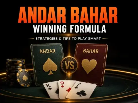 Andar Bahar winning formula graphic on FOMO7 India featuring andar spade and bahar heart cards, plus k 9 7 playing cards.