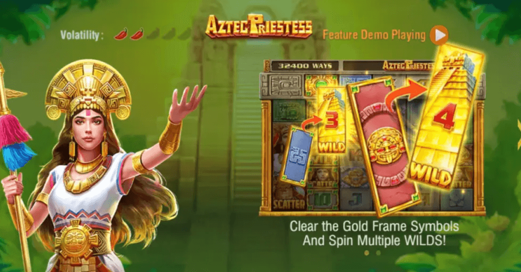 Aztec Priestess slot game demo with golden wild reels, gameplay tips, and warrior priestess character holding a ceremonial staff