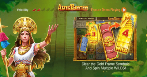 Aztec Priestess slot game demo with golden wild reels, gameplay tips, and warrior priestess character holding a ceremonial staff