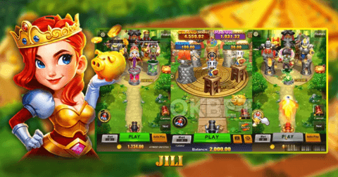 JILI Crazy Hunter game tutorial with red-haired princess holding piggy bank and gameplay screens showing cannons, rewards, and jackpots
