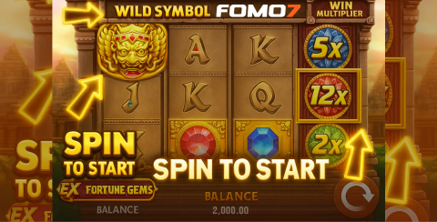JILI Fortune Gems slot game with wild symbol, win multiplier (5x, 12x, 2x), and 'Spin to Start' prompt highlighted with arrows