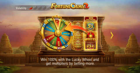 Fortune Gems 2 slot game screen showing Lucky Wheel with multipliers up to 15x, and gameplay tip about betting more to win more
