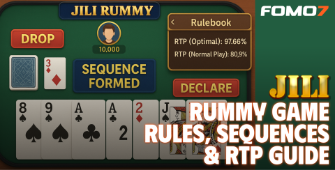 JILI Rummy game interface with cards, drop and declare buttons, and RTP guide, featuring FOMO7 brand.