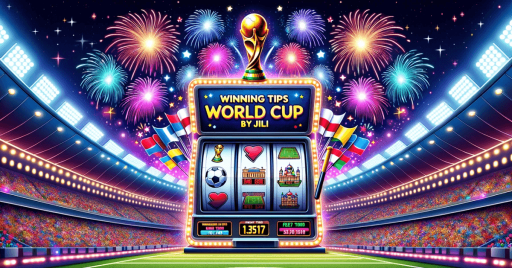 JILI World Cup-themed slot machine in a vibrant stadium with fireworks, national flags, football icons, and winning tips display