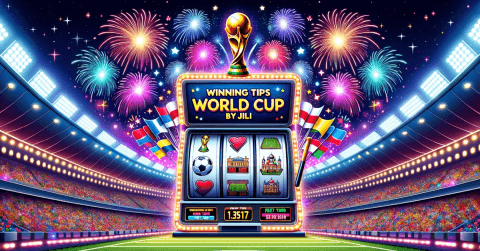 JILI World Cup-themed slot machine in a vibrant stadium with fireworks, national flags, football icons, and winning tips display