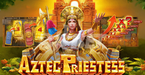 Aztec Priestess slot game featuring golden temple, multiplier combos, WILD symbols, and a powerful female character with staff