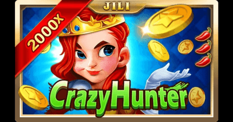 JILI Crazy Hunter slot game cover featuring a red-haired princess, gold coins, red chilies, and a 2000x win banner