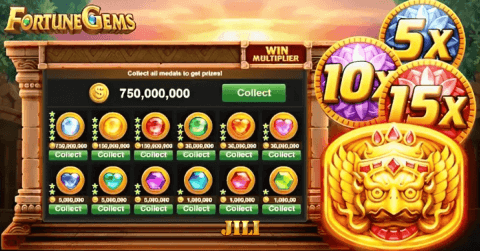 JILI Fortune Gems slot game screen showing collectible gems, win multiplier coins (5x, 10x, 15x), and prize total of 750,000,000 coins