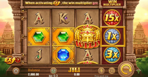 JILI slot game Fortune Gems showing reels with gem symbols, WILD icon, and win multiplier panel with 15x, 3x, and 1x bonuses