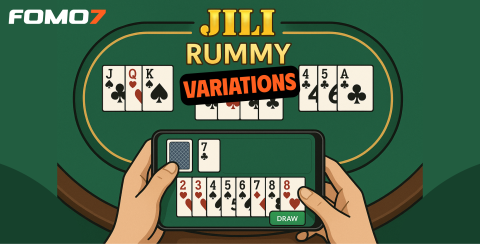 "Hands holding a phone playing JILI Rummy with different card combinations, showing game variations and FOMO7 branding
