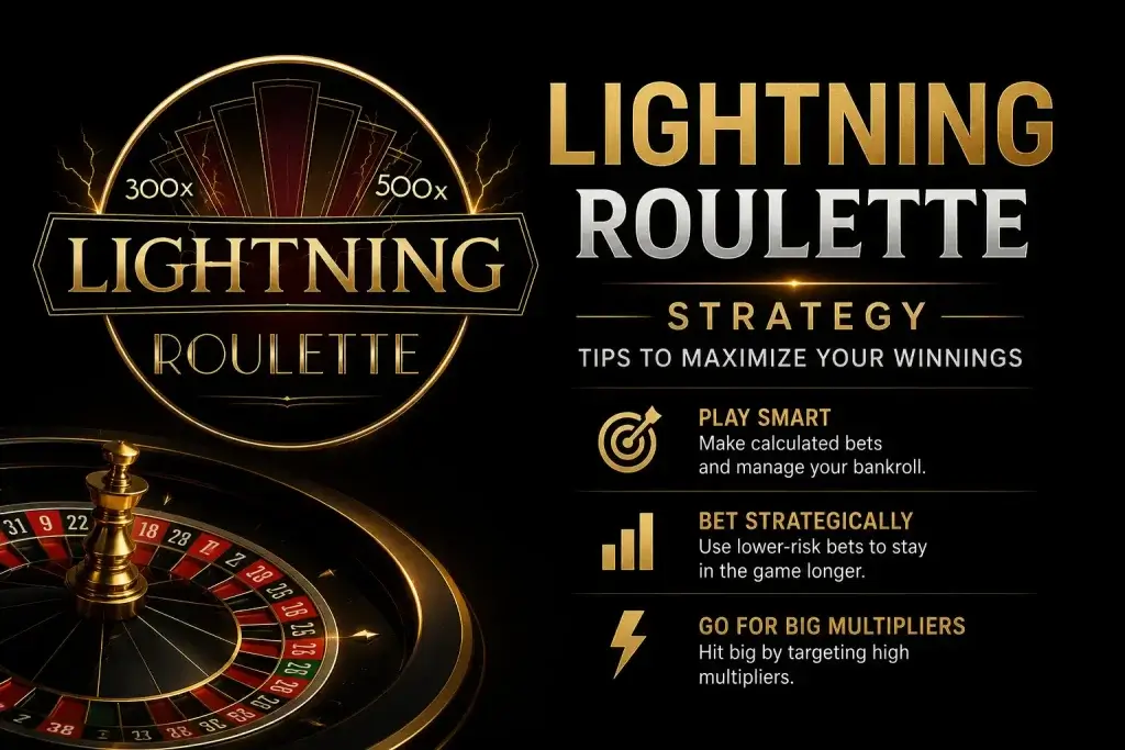 Lightning Roulette strategy 2 banner for FOMO7 India featuring winning tips text, a gold logo, and a roulette wheel.