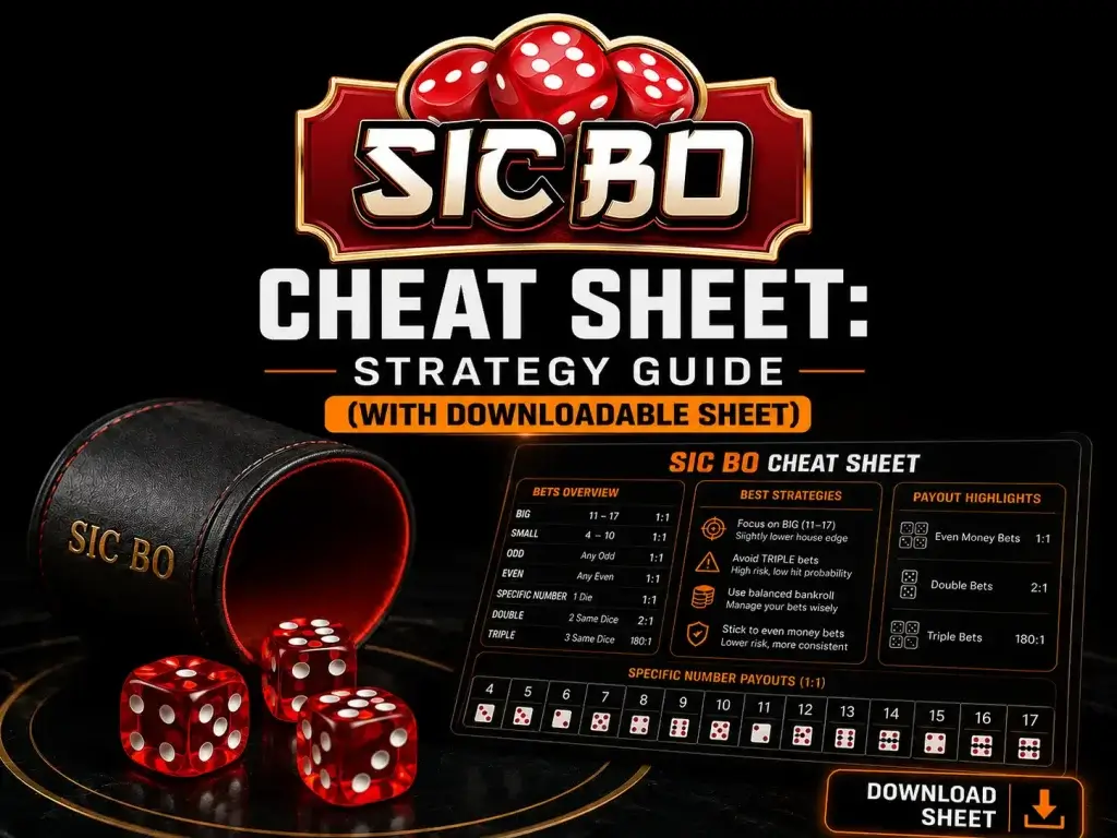 Sic Bo cheat sheet strategy guide on FOMO7 India featuring three red dice spilled from a leather cup and a table menu.