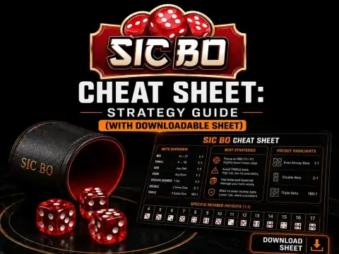 Sic Bo cheat sheet strategy guide on FOMO7 India featuring three red dice spilled from a leather cup and a table menu.