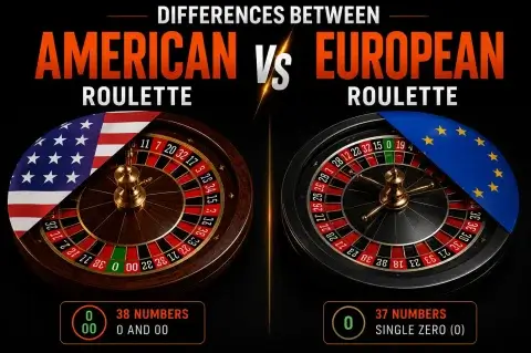 American vs European Roulette banner comparing two wheels covered by the american flag & the european union flag FOMO7 India.