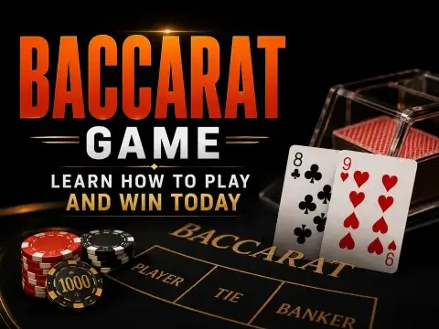 How to play Baccarat guide banner on FOMO7 featuring a card shoe, the eight and nine cards, and casino betting chips.