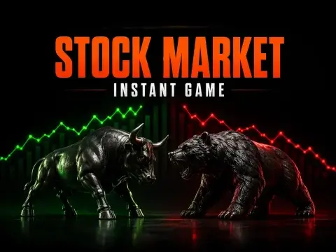 Stock Market instant game banner on FOMO7 featuring a roaring bear facing a charging bull with green and red chart lines.