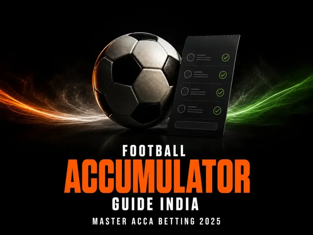 What is football accumulator guide for FOMO7 India featuring a soccer ball and a betting slip with check marks.