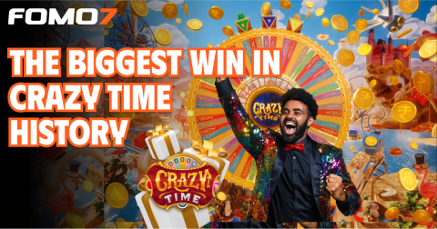 A player celebrating a big win with Crazy Time wheel and coins or cash flying around