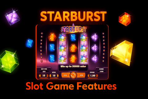 Gaming screen showing Starburst slot features: expanding wilds, colorful gems, and active paylines