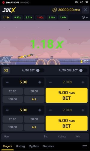 JetX game interface showing a 1.18x multiplier with dual bet panels and a yellow jet in flight