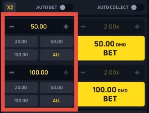JetX bet adjustment panel showing 50 and 100 bet options with preset buttons and dual bet slots highlighted