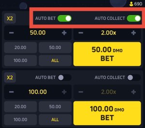 JetX betting panel with Auto Bet and Auto Collect toggles enabled for 50 and 100 bets at 2.00x multiplier