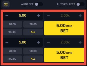 JetX dual betting panel showing two 5.00 bets with 2.00x multiplier and manual/auto options