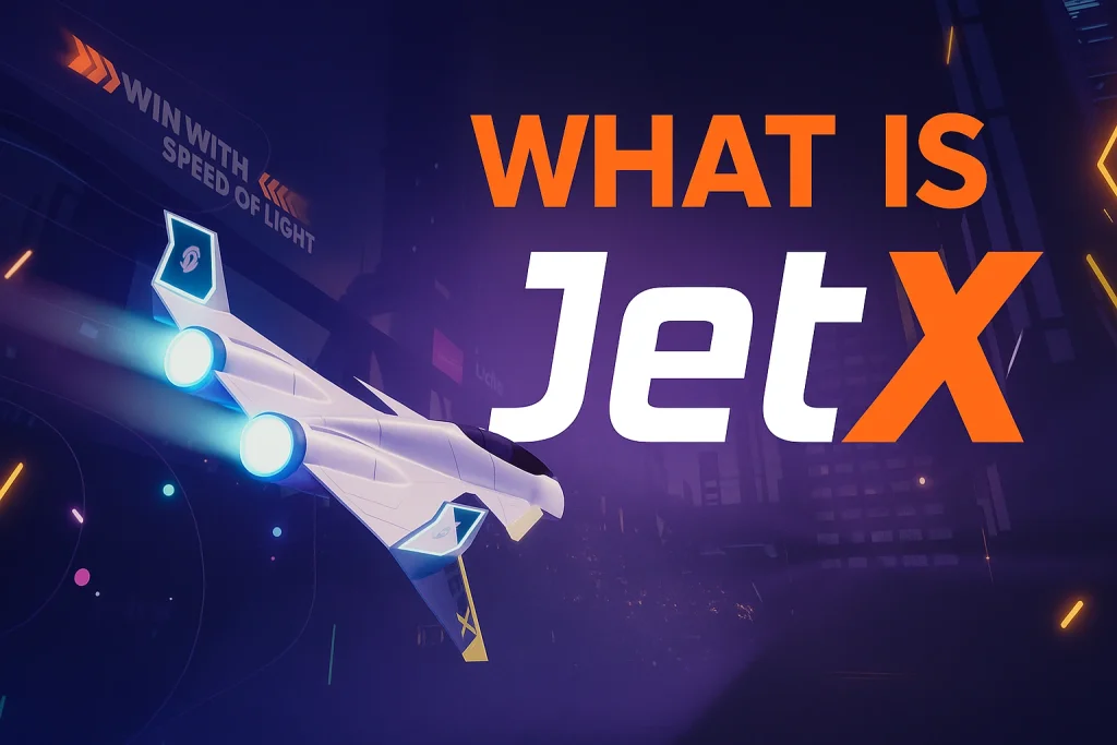 Futuristic jet flying at high speed with glowing engines and the text 'What is JetX' on a dark neon background with city lights