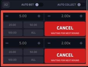 JetX betting panel showing two active bets with 'Cancel' buttons and status 'Waiting for next round' in red