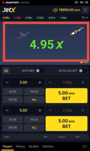 JetX game screen showing multiplier at 4.95x with rocket animation and two 5.00 bets placed