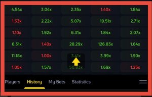 JetX game history grid showing recent multipliers with a yellow arrow highlighting 3.41x among values like 28.29x and 50.83x