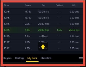 JetX My Bets screen showing bet history with highlighted entry of 5.00 at 10:42 and a winning bet of 26.40 at 10:45