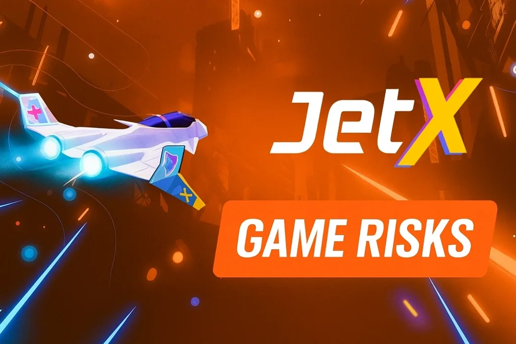 Futuristic JetX plane racing with glowing trails against an orange background, with the text 'Game Risks' prominently displayed
