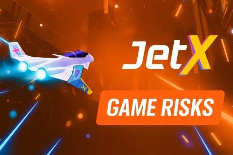 Futuristic JetX plane racing with glowing trails against an orange background, with the text 'Game Risks' prominently displayed