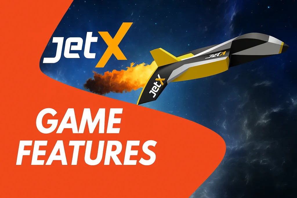 JetX game with a futuristic jet flying through space with fiery exhaust and the text 'Game Features' in bold on a vibrant orange background